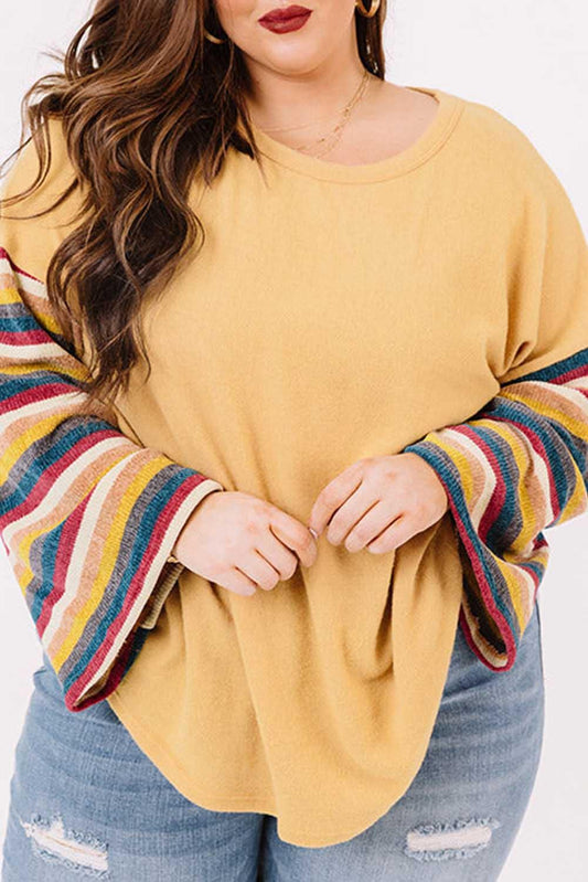 Yellow Serape Striped Bell Sleeve Plus Size Top - L & M Kee, LLC