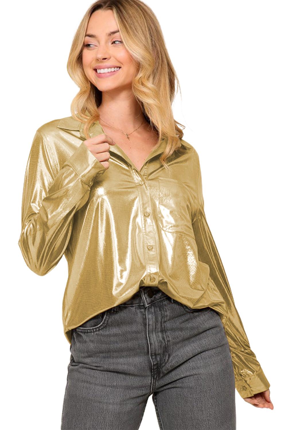 Gold Metallic Luster Chest Pocket Shirt - L & M Kee, LLC