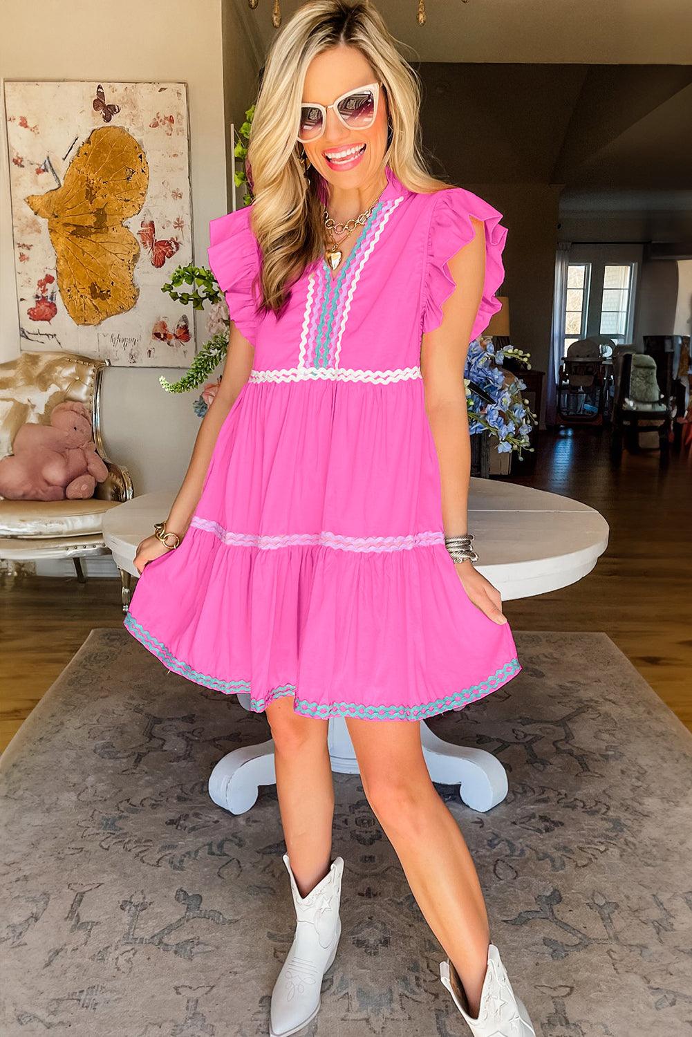 Strawberry Pink Ric Rac Colorblock Flutter Sleeve V Neck Tiered Dress - L & M Kee, LLC