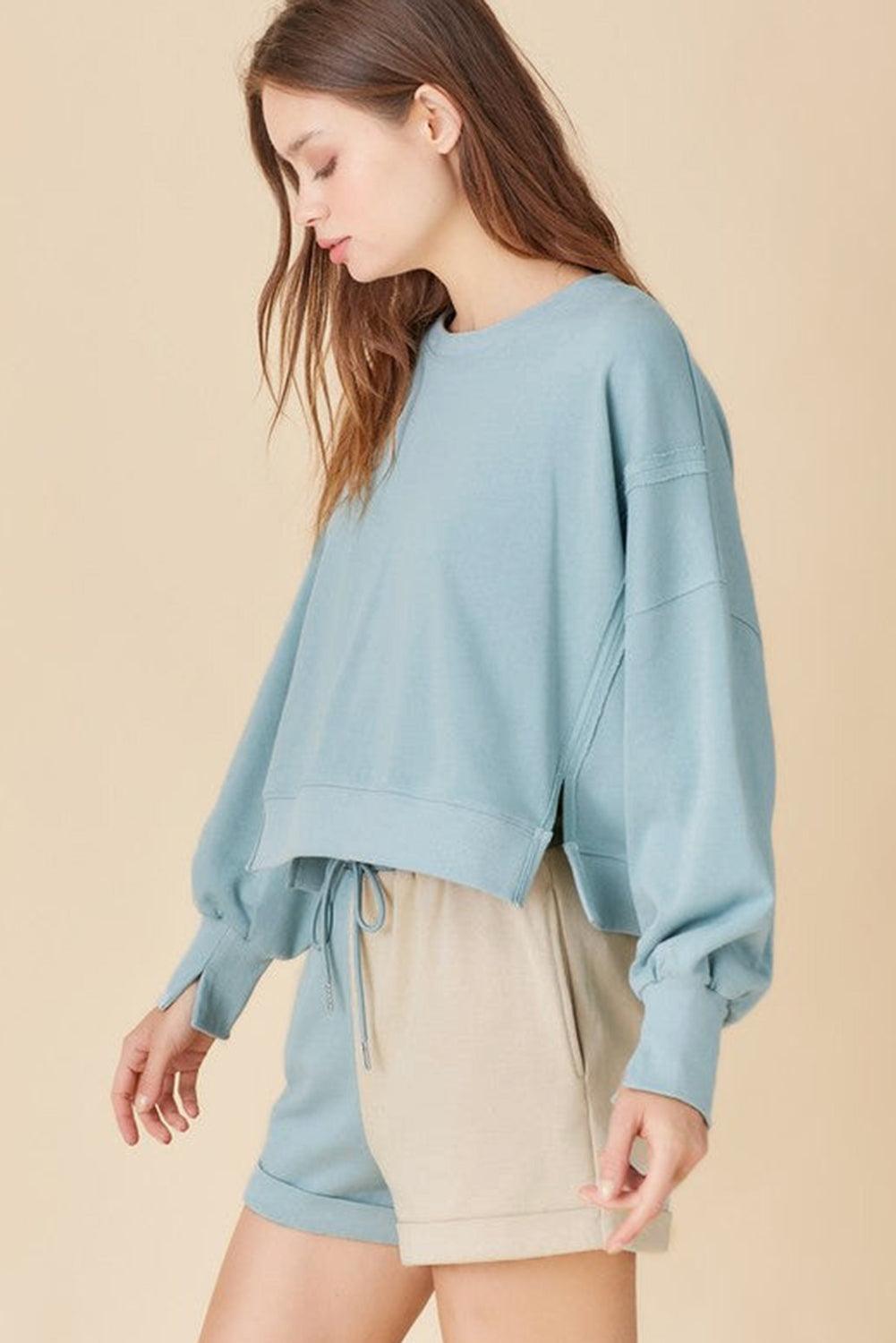 Sky Blue Split Hem Sweatshirt Color Block Shorts Set - L & M Kee, LLC