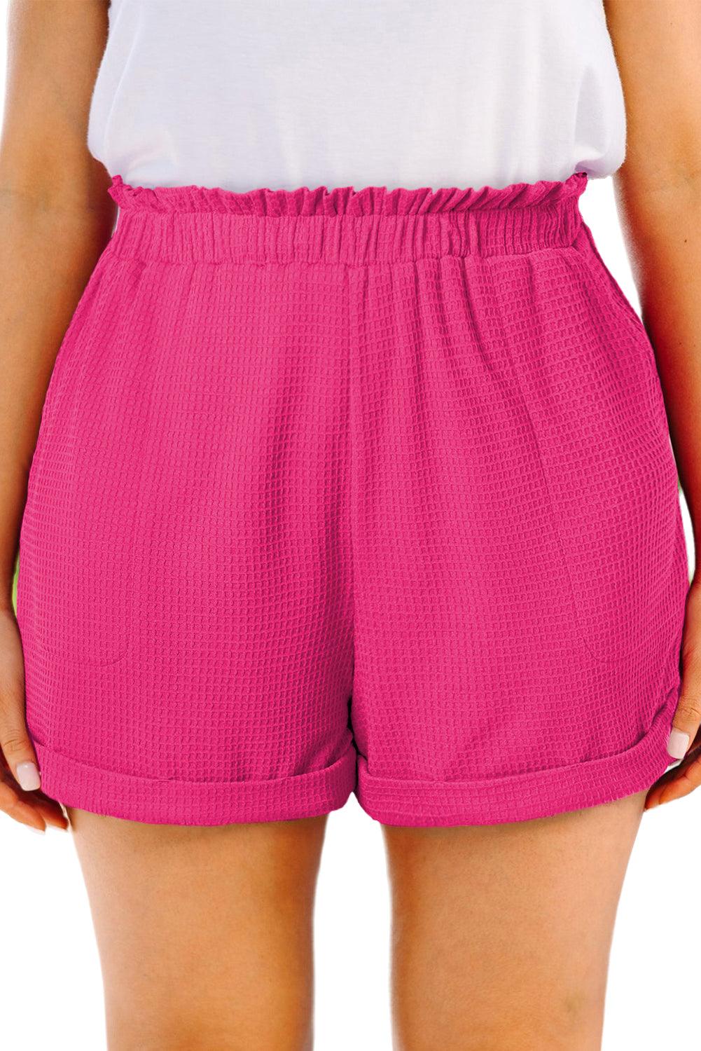 Bright Pink Plus Size Rolled Edge Ruffled Elastic Waist Textured Shorts - L & M Kee, LLC