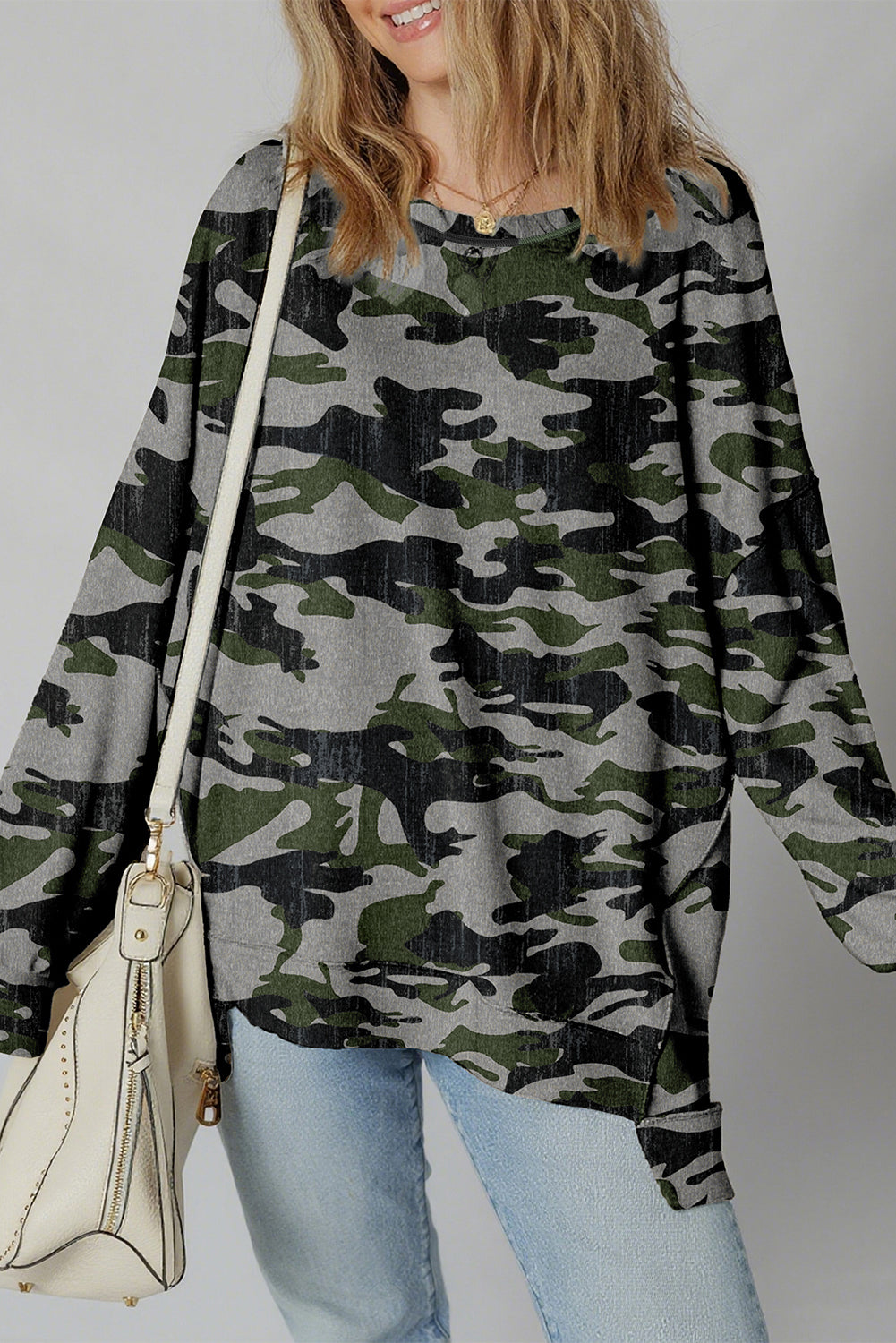 Brown Retro Camouflage Print Exposed Seam Patchwork Drop Shoulder Sweatshirt