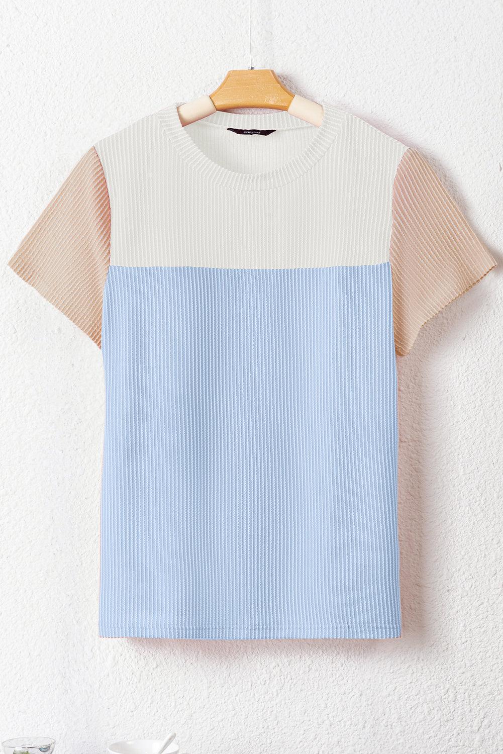 Light Blue Rib Textured Colorblock T Shirt - L & M Kee, LLC