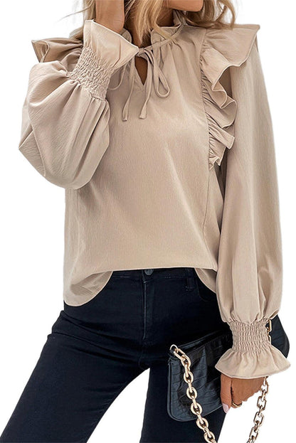 Khaki Ruffled Lace up Bubble Sleeve Blouse - L & M Kee, LLC