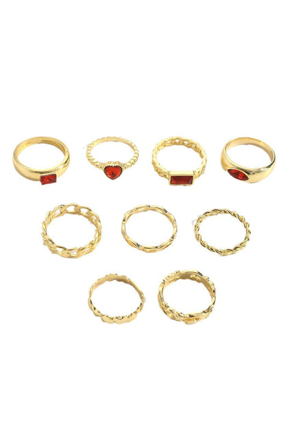 Fiery Red Faux Gem Inlay Heart Shape Alloy Ring Set