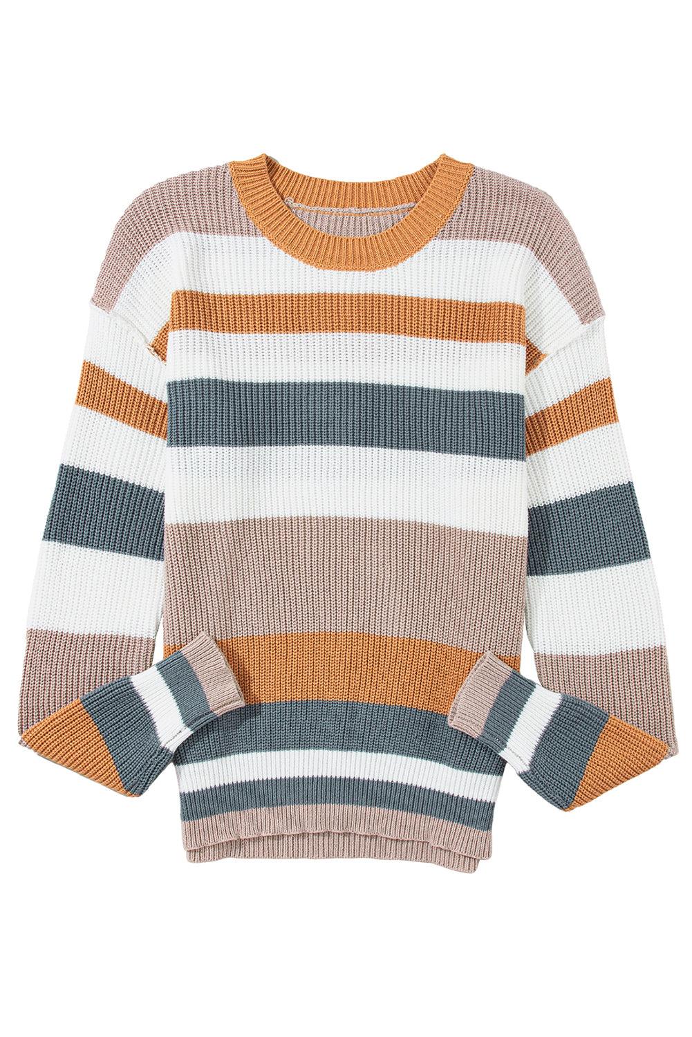 Camel Striped Knit Crew Neck T Shirt Sweater - L & M Kee, LLC