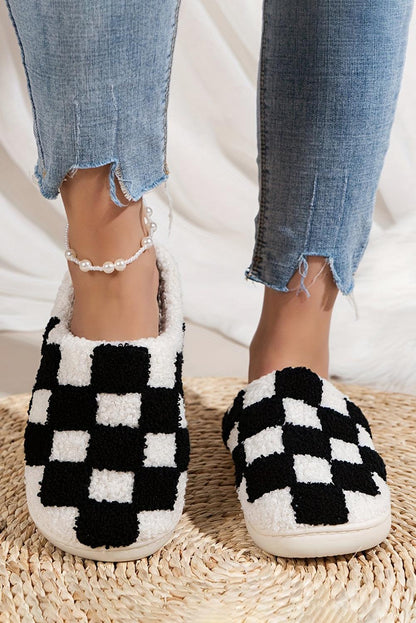 Black Checkered Print Fuzzy Slip On Winter Slippers - L & M Kee, LLC