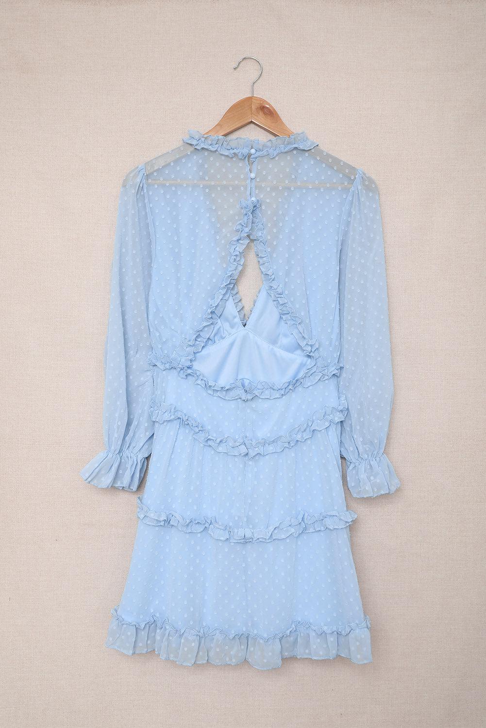 Sky Blue Layered Ruffled Open Back Puff Sleeve Swiss Dot Mini Dress - L & M Kee, LLC