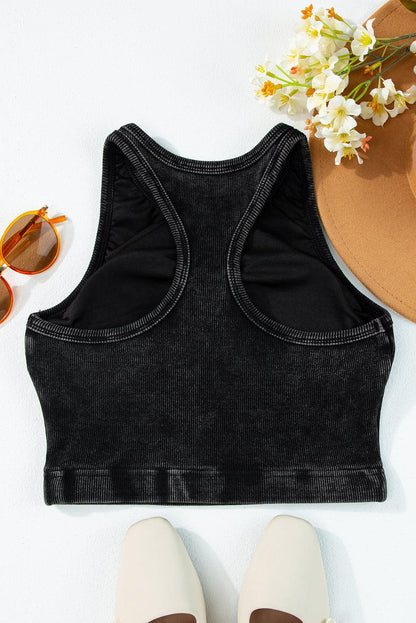 Black Ribbed Mineral Wash Racerback Cropped Tank Top - L & M Kee, LLC