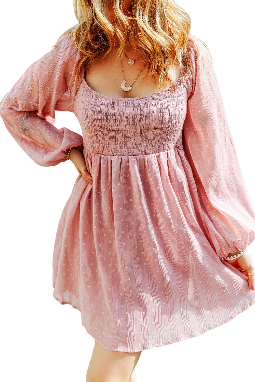 Pink Swiss Dot Smocked Puff Sleeve Mini Dress - L & M Kee, LLC