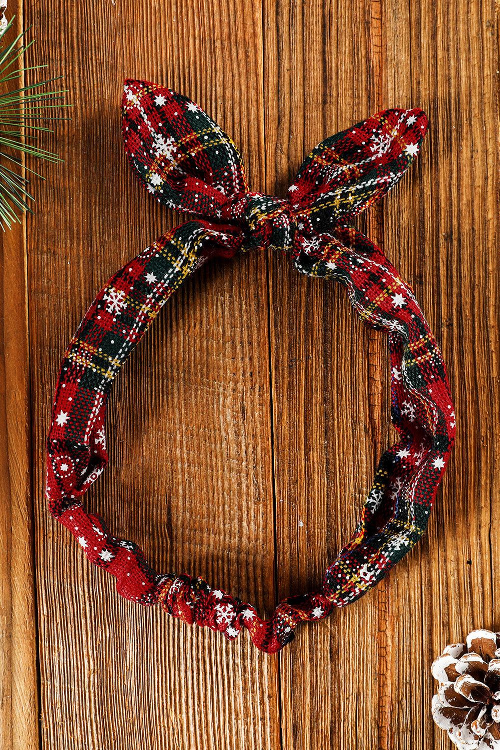 Burgundy Christmas Plaid Snowflake Print Bow Hair Tie - L & M Kee, LLC