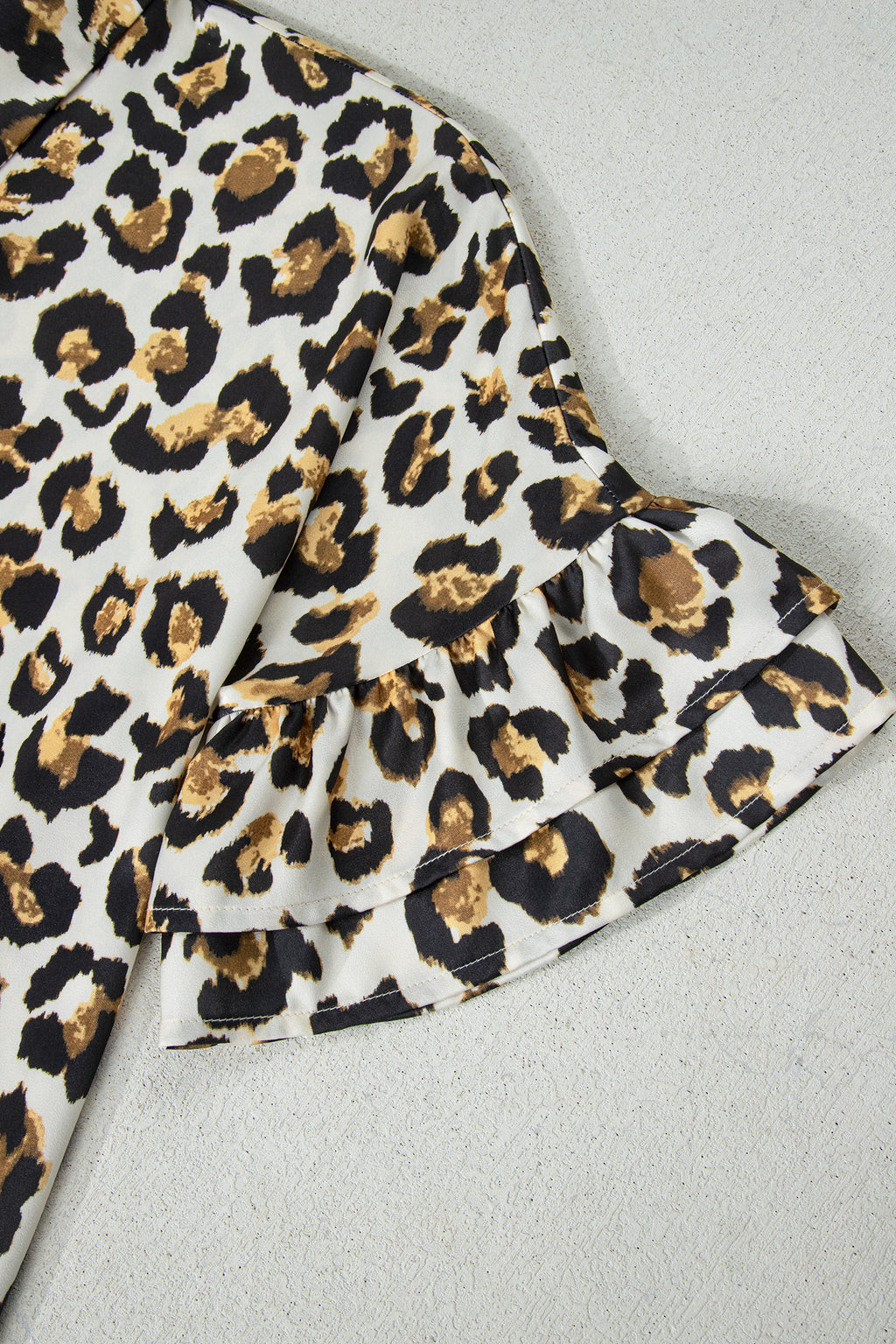 Khaki Leopard Print Ruffle Trim 3/4 Sleeve Loose Shirt