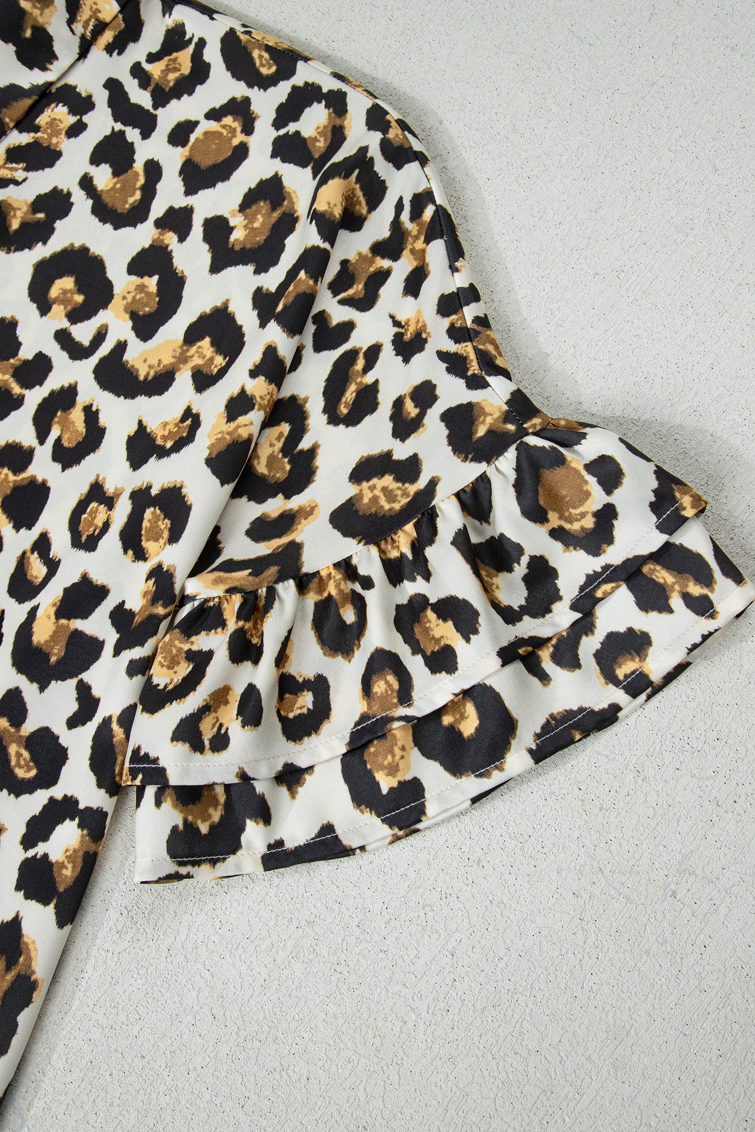 Khaki Leopard Print Ruffle Trim 3/4 Sleeve Loose Shirt
