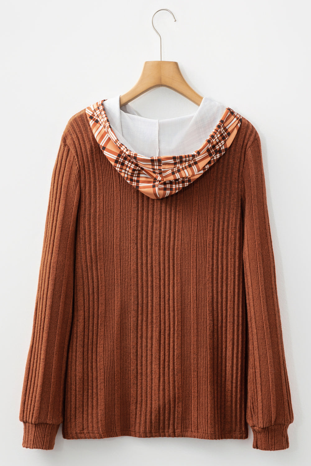 Chestnut Plaid Patchwork Ribbed Knit Drawstring Hooded Top