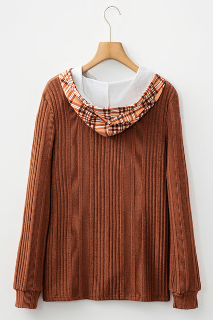 Chestnut Plaid Patchwork Ribbed Knit Drawstring Hooded Top
