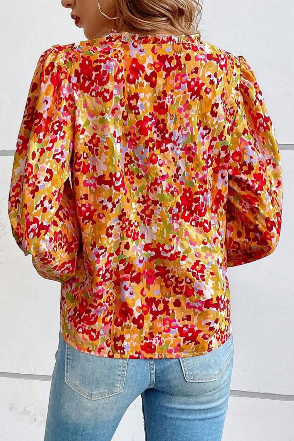 Grapefruit Orange Frilled Split Neck Bubble Sleeve Floral Blouse - L & M Kee, LLC