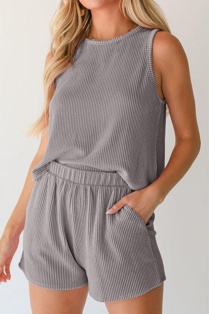 Medium Grey Corded Sleeveless Top and Pocketed Shorts Set - L & M Kee, LLC