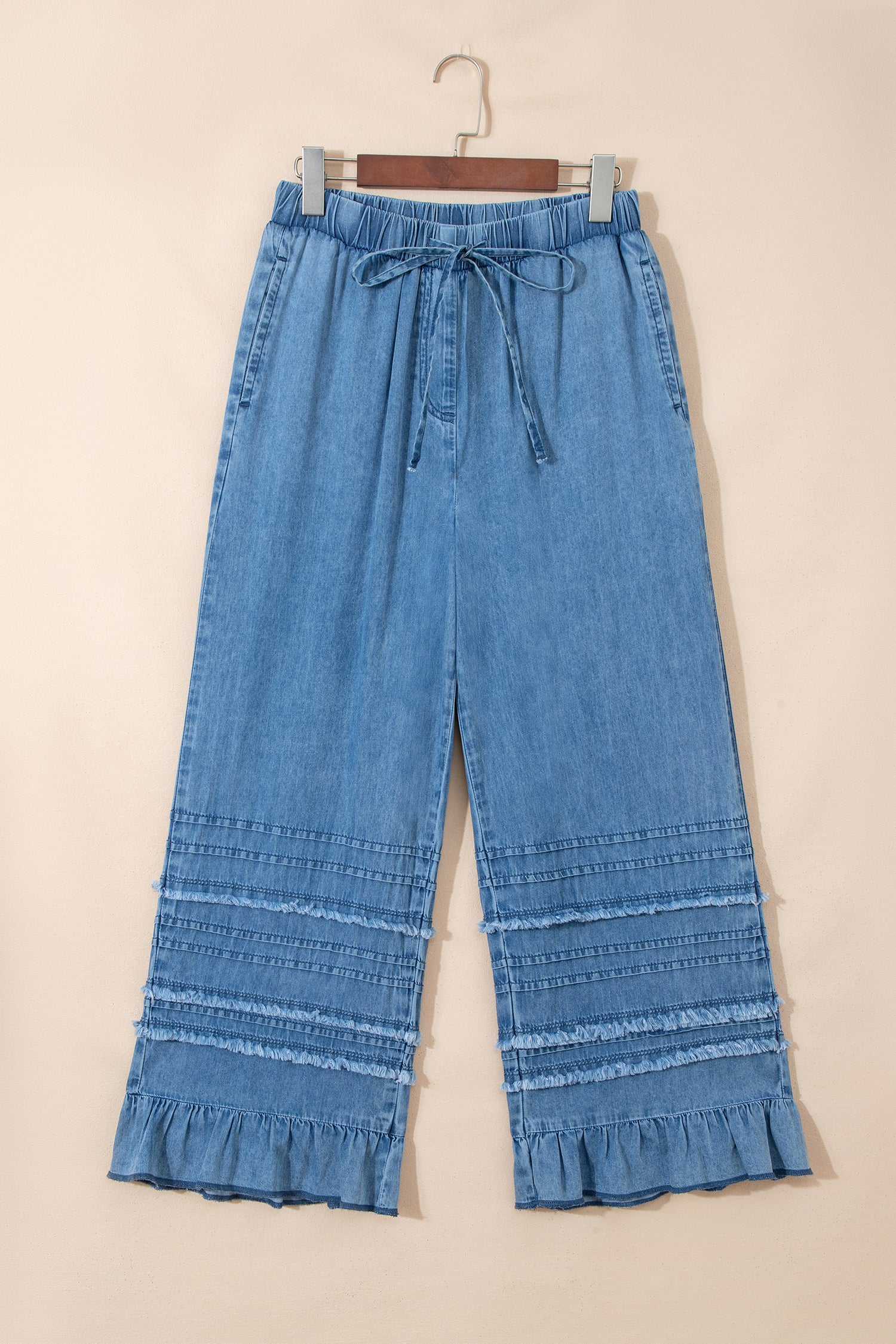 Dusk Blue Ruffled Hem Wide Leg Chambray Pants