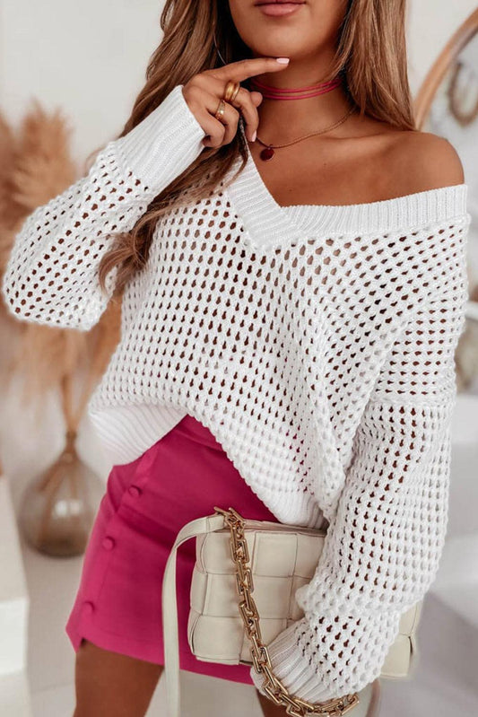 Hollow Out Knitted Loose Fit V Neck Sweater - L & M Kee, LLC