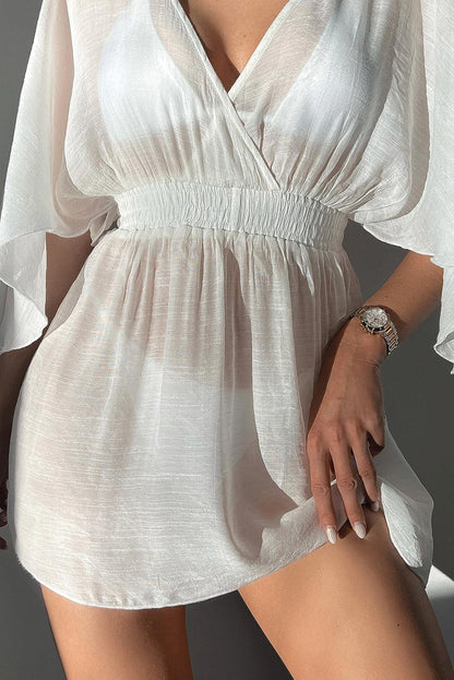 White Semi-sheer Wrapped Flowy Sleeve Beach Dress - L & M Kee, LLC