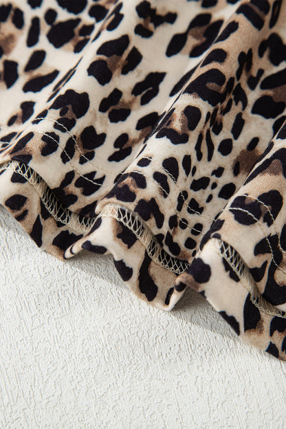 Brown Leopard Print Contrast Trim Round Neck Long Sleeve Top