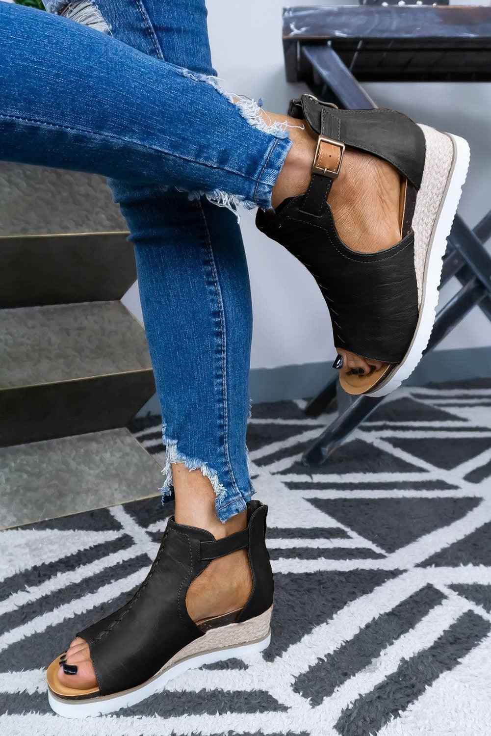 Black PU Cutout Buckle Strap Platform Sandals - L & M Kee, LLC