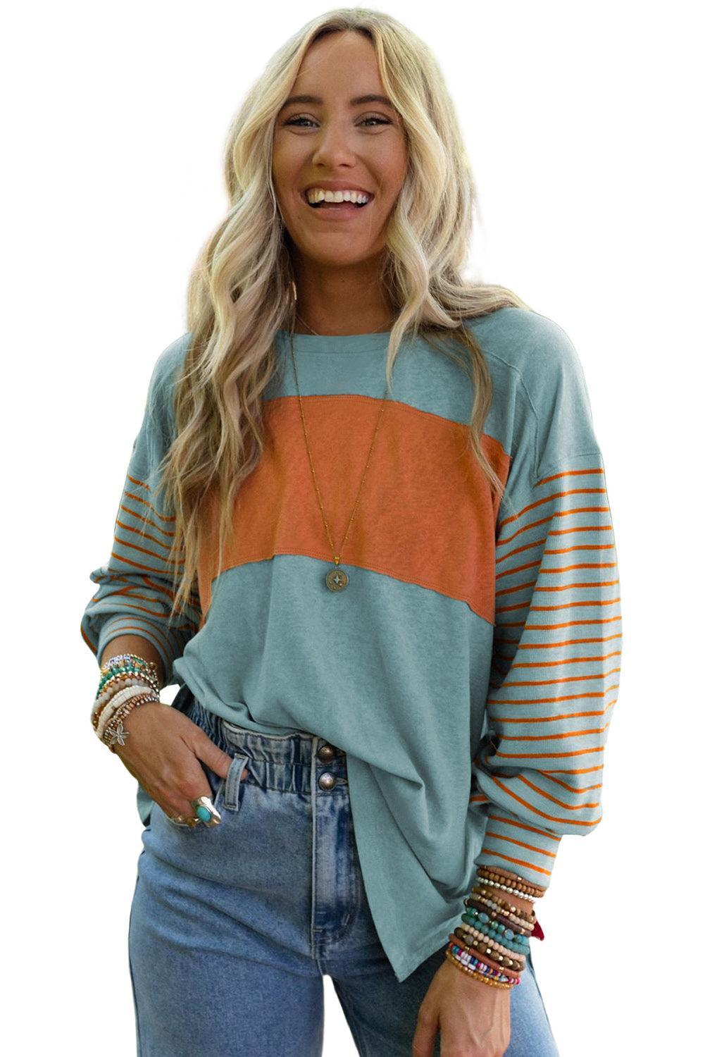 Green Colorblock Striped Bishop Sleeve Top - L & M Kee, LLC