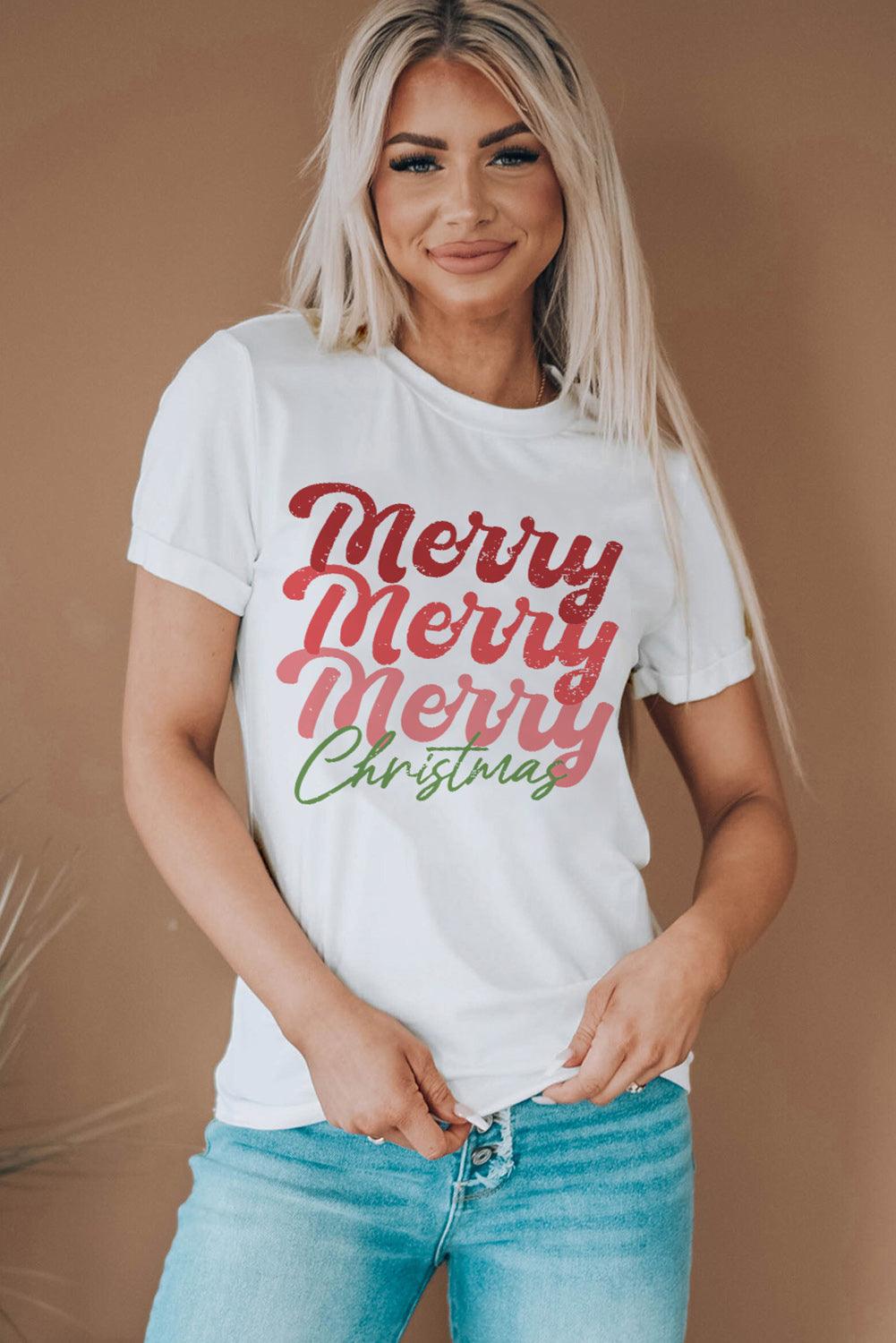 White Merry Christmas Crew Neck Graphic Tee - L & M Kee, LLC