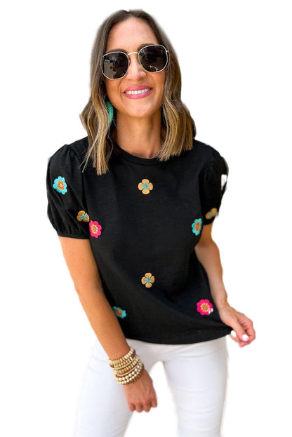 Black Embroidered Flower Short Puff Sleeve Tee - L & M Kee, LLC