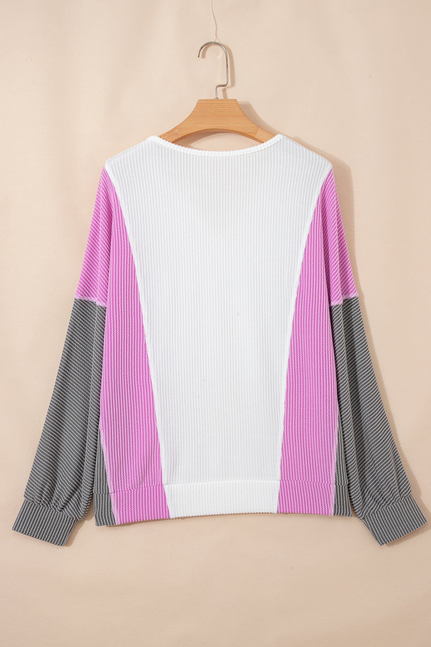 White Spiral Ribbed Raw Seam Color Block Patchwork Long Sleeve Top