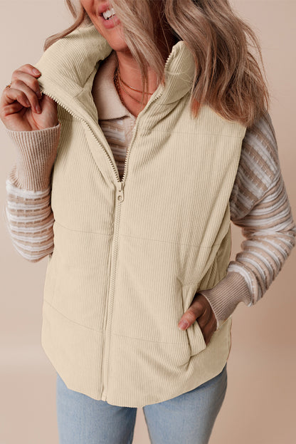 Beige Corduroy Stand Neck Zipped Puffer Vest