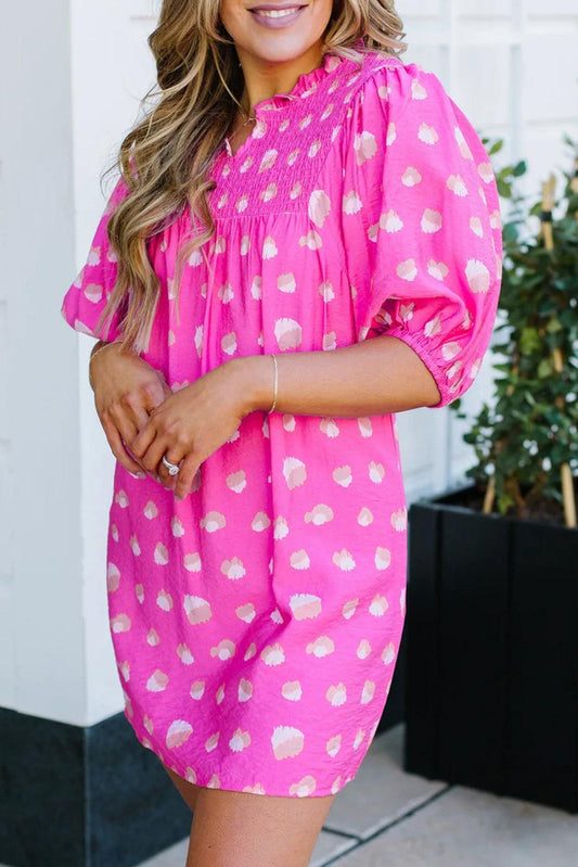 Bright Pink Printed Shirred Yoke Half Puff Sleeve Dress - L & M Kee, LLC