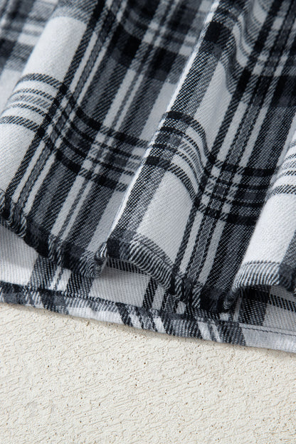 Gray Plaid Patchwork Long Sleeve Button Hooded Blouse