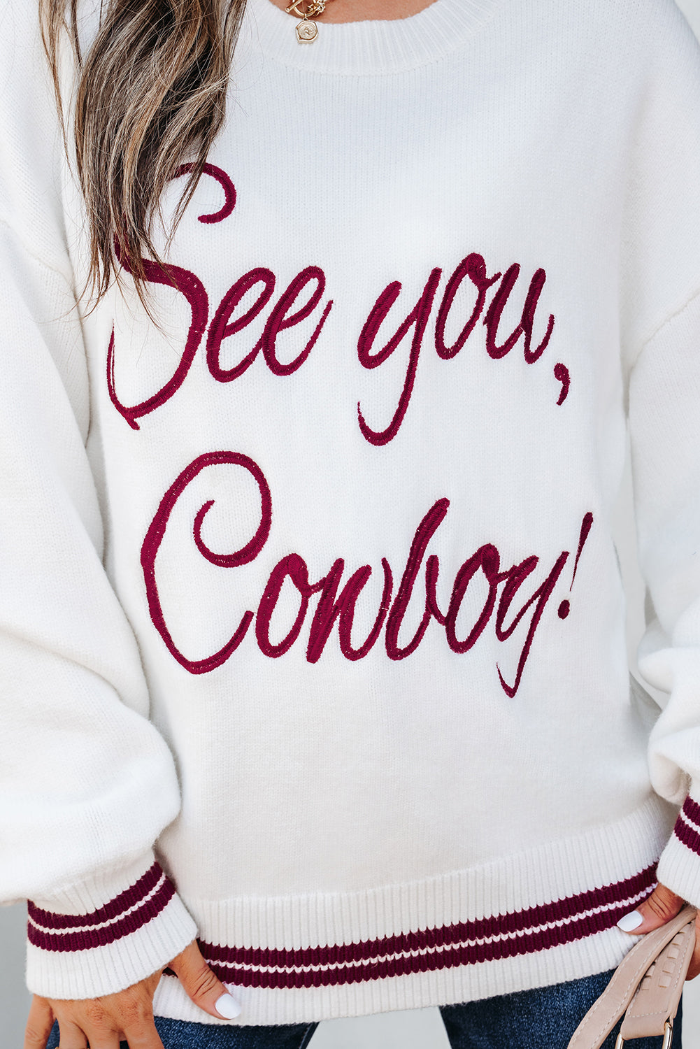 White See You Cowboy Embroidered Western Graphic Sweater
