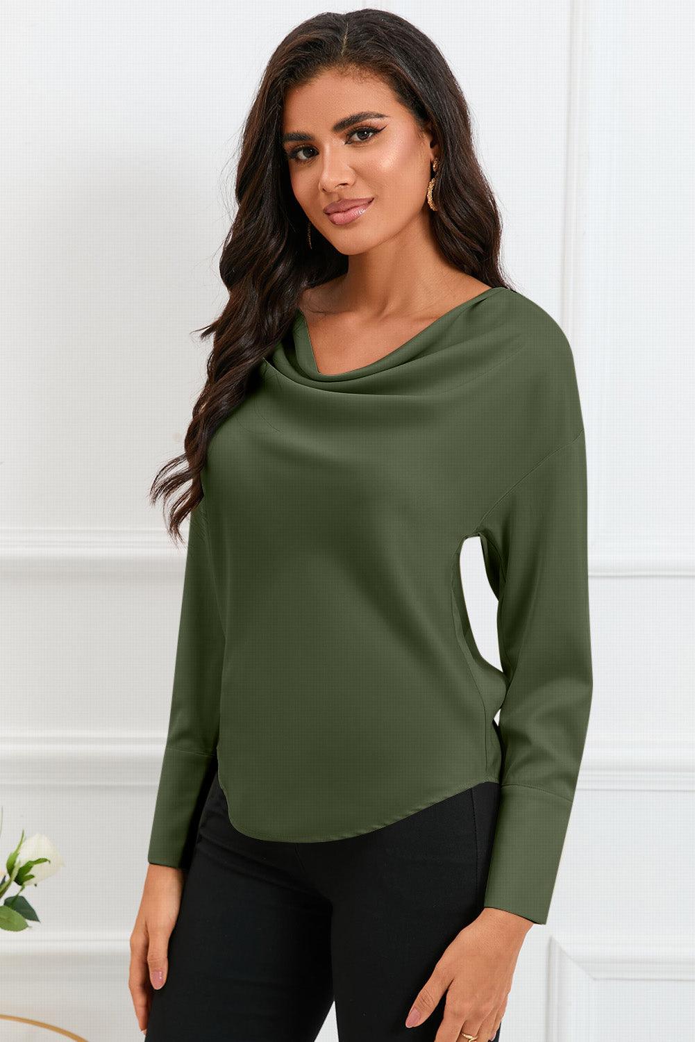 Cowl Neck Long Sleeve Elegant Blouse - L & M Kee, LLC