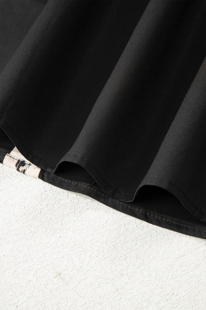 Black Puffy Flounce Sleeve Leopard Trim V Neck Blouse