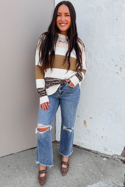 Brown Mixed Texture Knit Striped Color Block Loose Sweater
