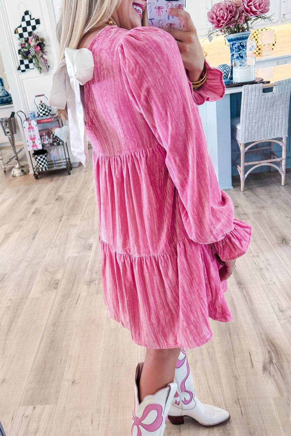 Strawberry Pink Flounce Sleeve Tiered Ruffled Velvet Mini Dress