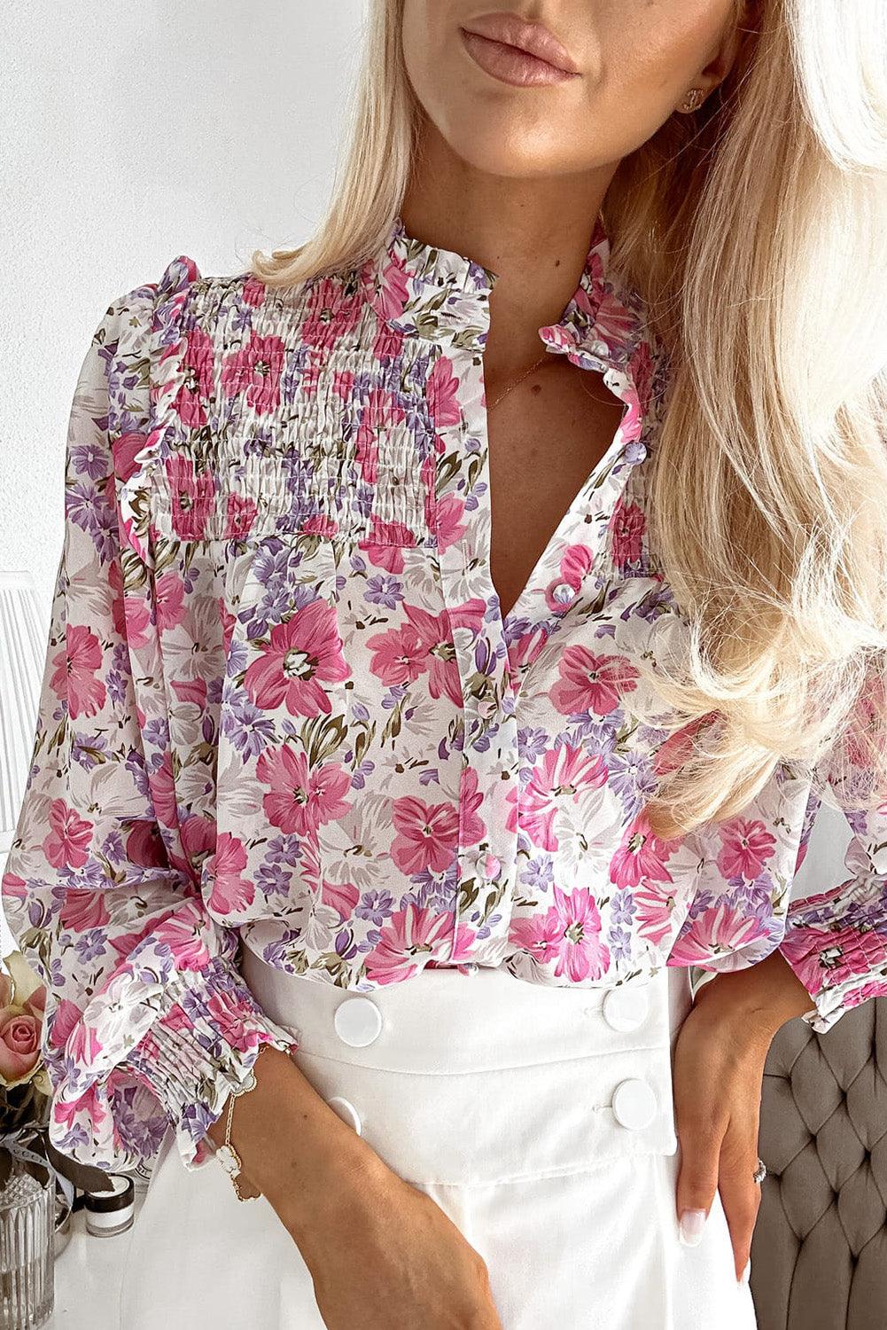 Purple Frilled Collar Shirred Yoke Floral Bubble Sleeve Shirt - L & M Kee, LLC
