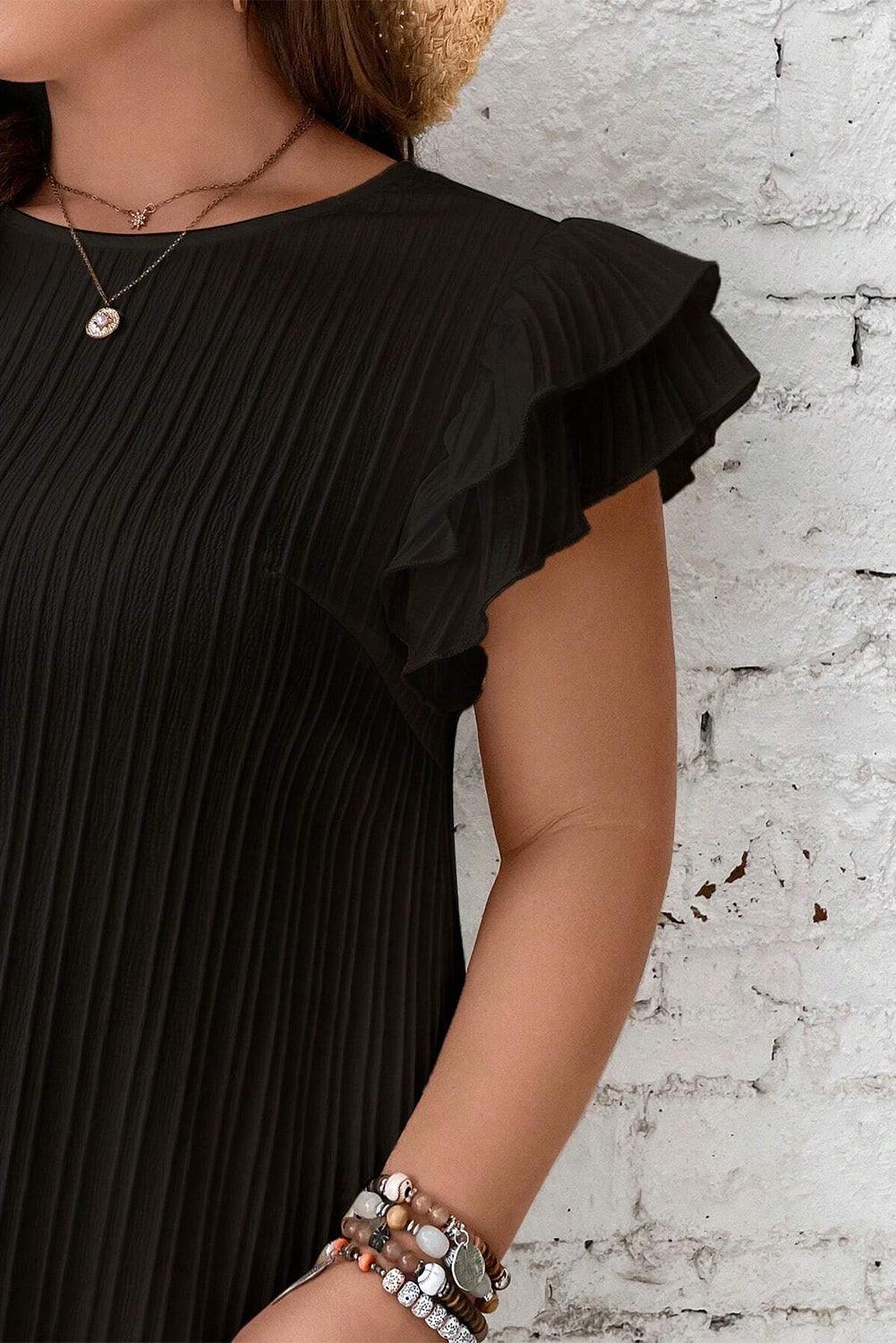 Black Ruffled Sleeve Rib Textured Plus Size Shift Dress - L & M Kee, LLC