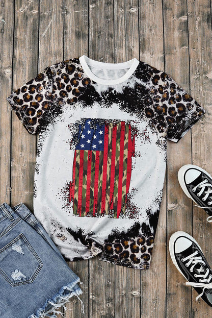 Leopard Vintage American Flag Graphic T Shirt - L & M Kee, LLC