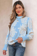 Sky Blue Ruffled Collar Puff Sleeve Flower Blouse