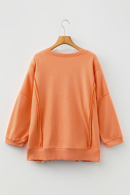 Grapefruit Orange Floral Bow Patched Exposed Seam Patchwork Slit Baggy Sweatshirt