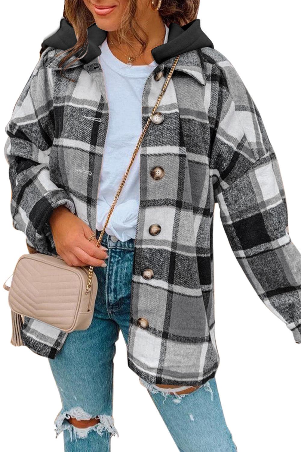 Red Hooded Plaid Button Front Shacket - L & M Kee, LLC