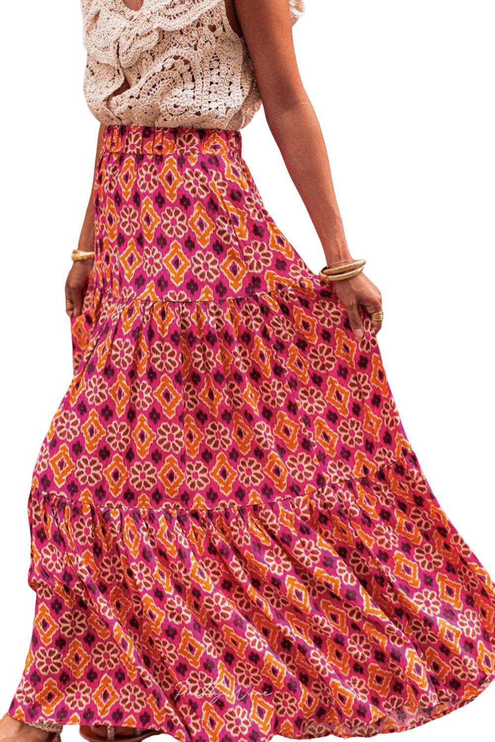 Rose Vintage Boho Floral Print Tiered Maxi Skirt - L & M Kee, LLC