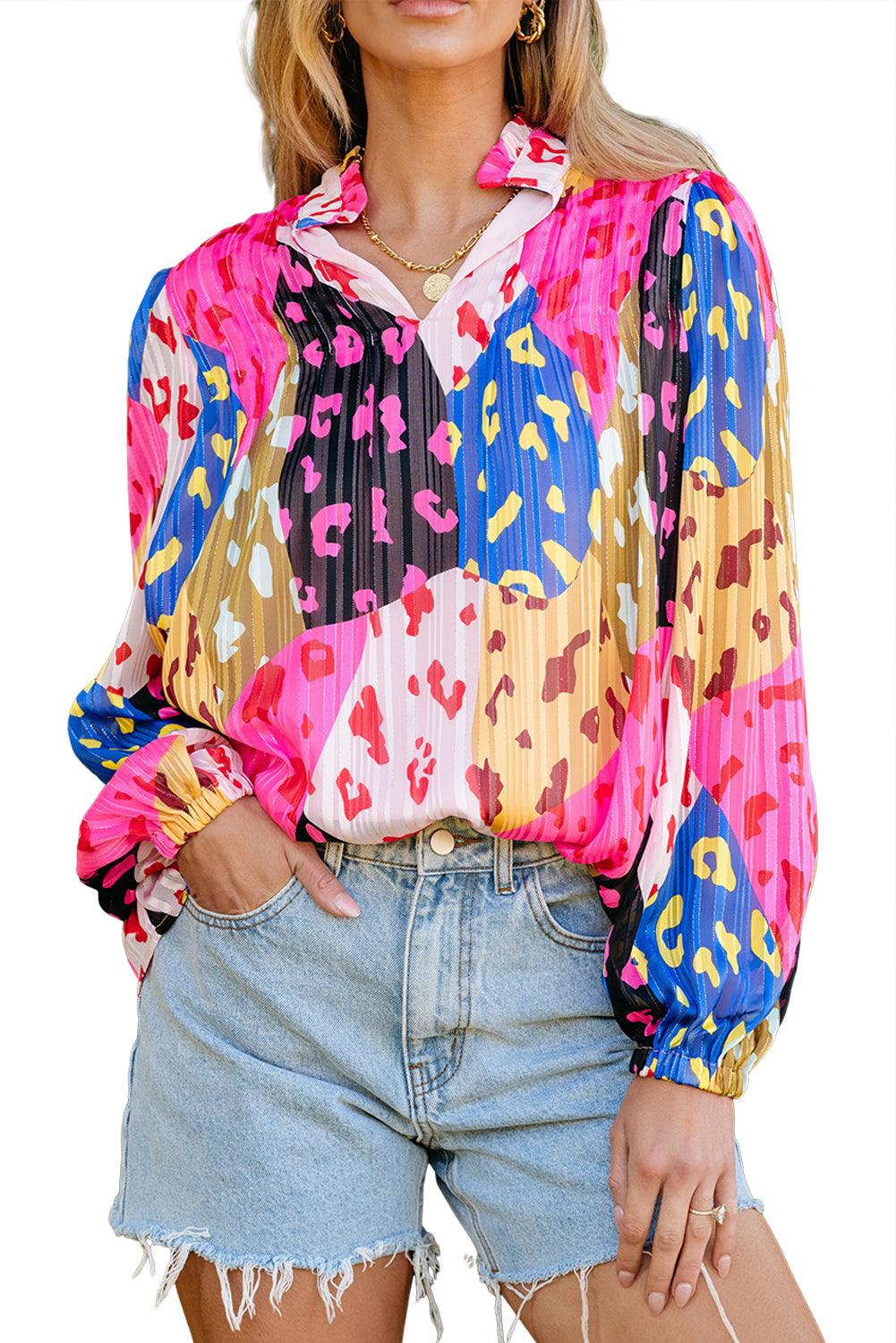 Rose Leopard Patchwork Print Pleated Blouse - L & M Kee, LLC