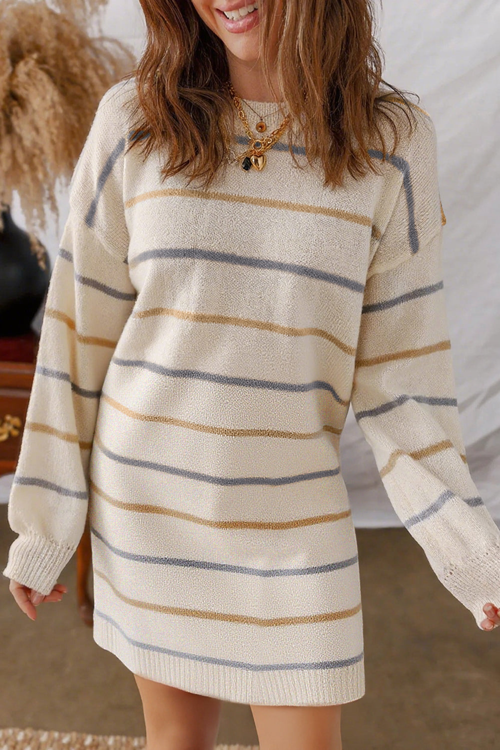 Multicolour Striped Print Drop Shoulder Shift Sweater Mini Dress