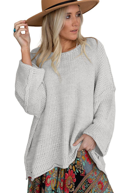 Beige Slouchy Textured Knit Loose Sweater - L & M Kee, LLC