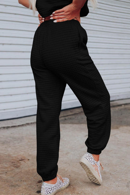 Black Lattice Textured Cropped Tee and Jogger Pants Set - L & M Kee, LLC