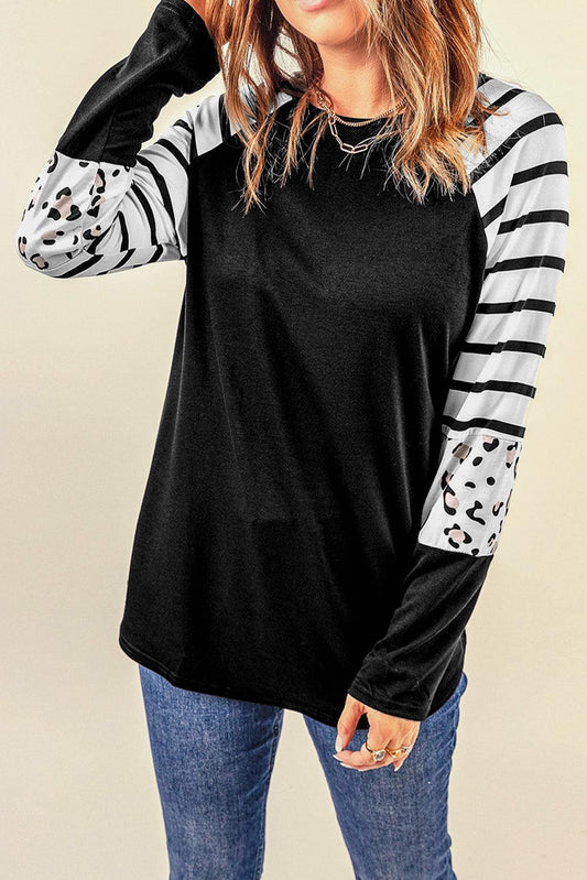 Black Striped Animal Print Colorblock Long Sleeve Top - L & M Kee, LLC